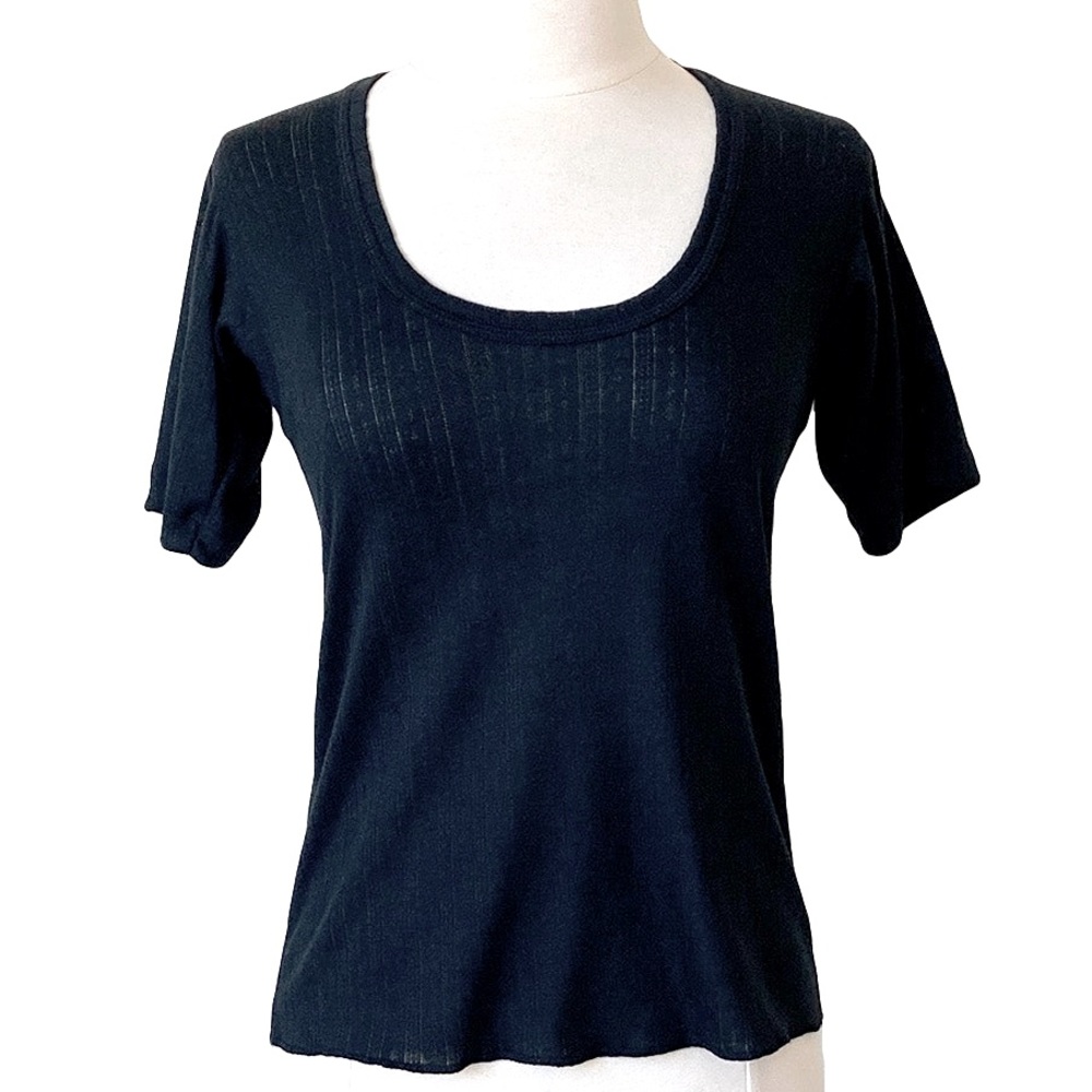 Black Pointelle Scoop Neck Short Sleeve Tee